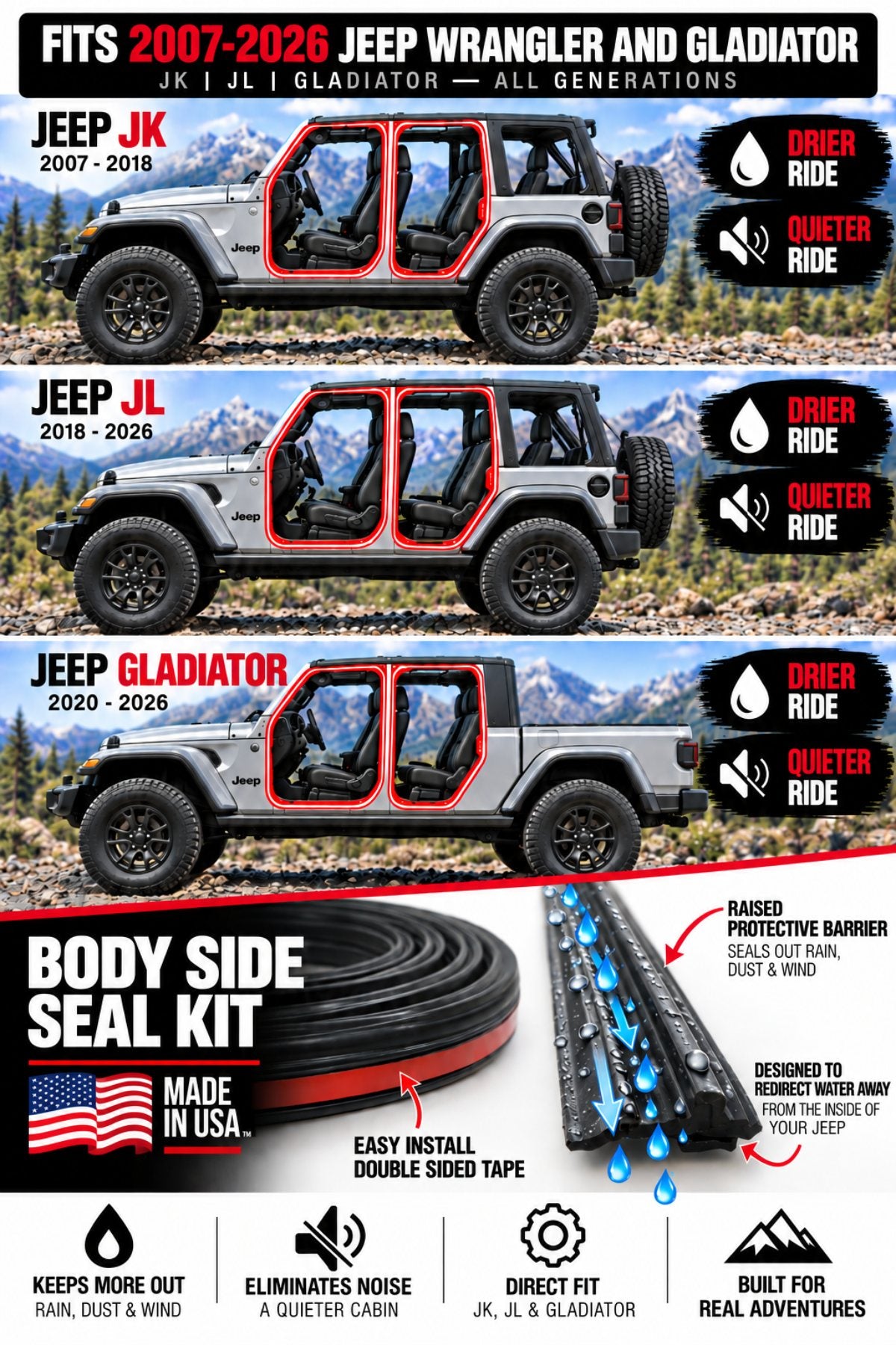 Body side seal kit fits 2007-2026 Jeep Wrangler JK, JL and Gladiator - drier ride, quieter ride, made in USA